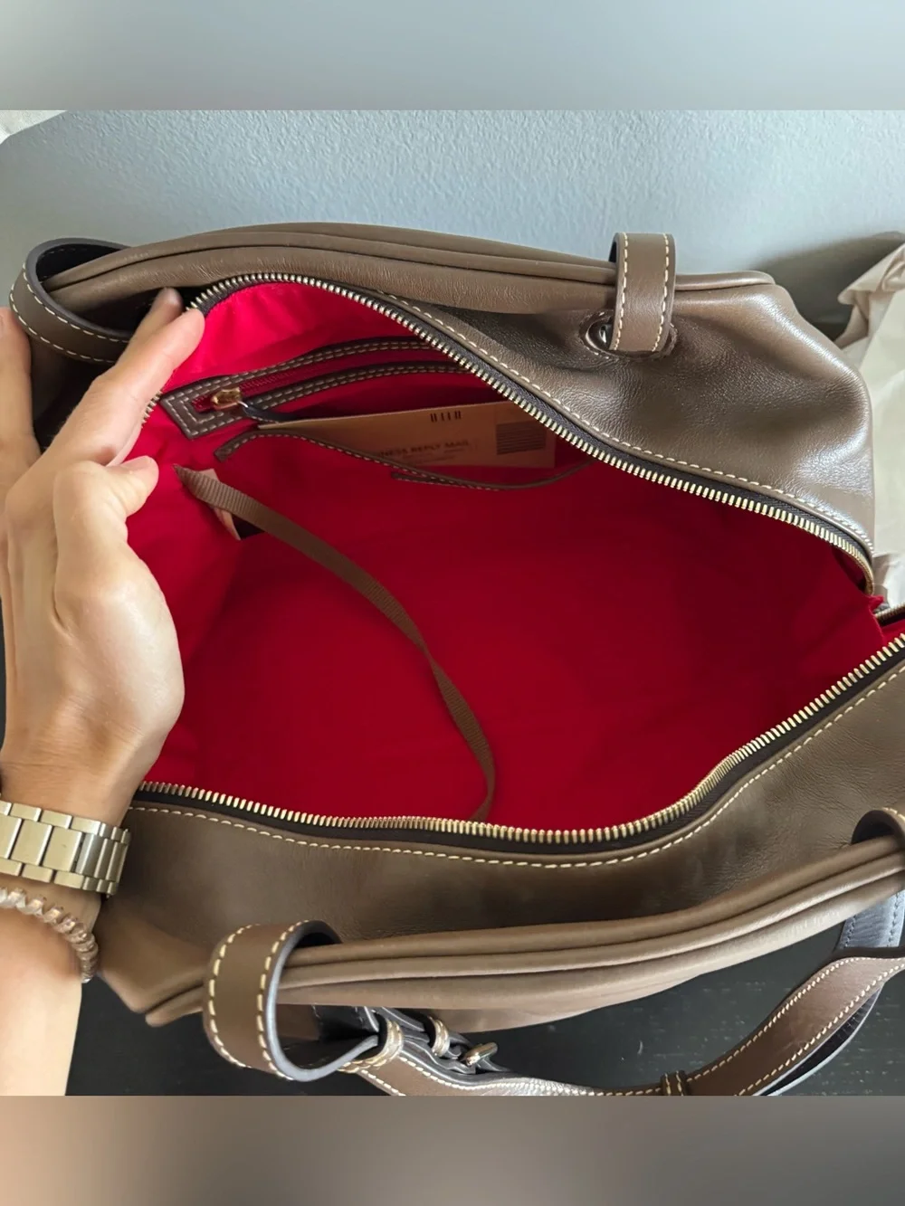 Dooney & Bourke Nubuck Leather Zip Grommet Satchel Bag Mushroom Minimalist